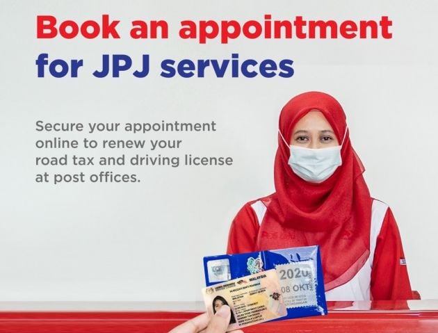 Road tax, <em>lesen</em> renewal at post office by appointment basis, no walk-ins – 3 trx max per slot, book online