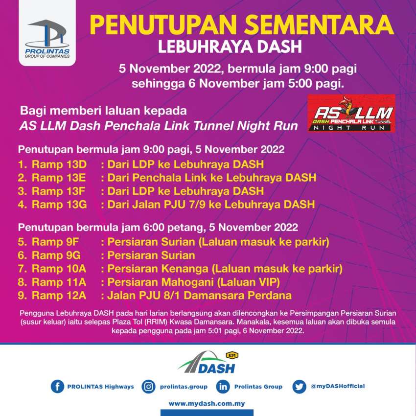 DASH, SPRINT highways to be temporarily closed from Nov 5-6 for AS DASH Penchala Link Tunnel Night Run 1538091
