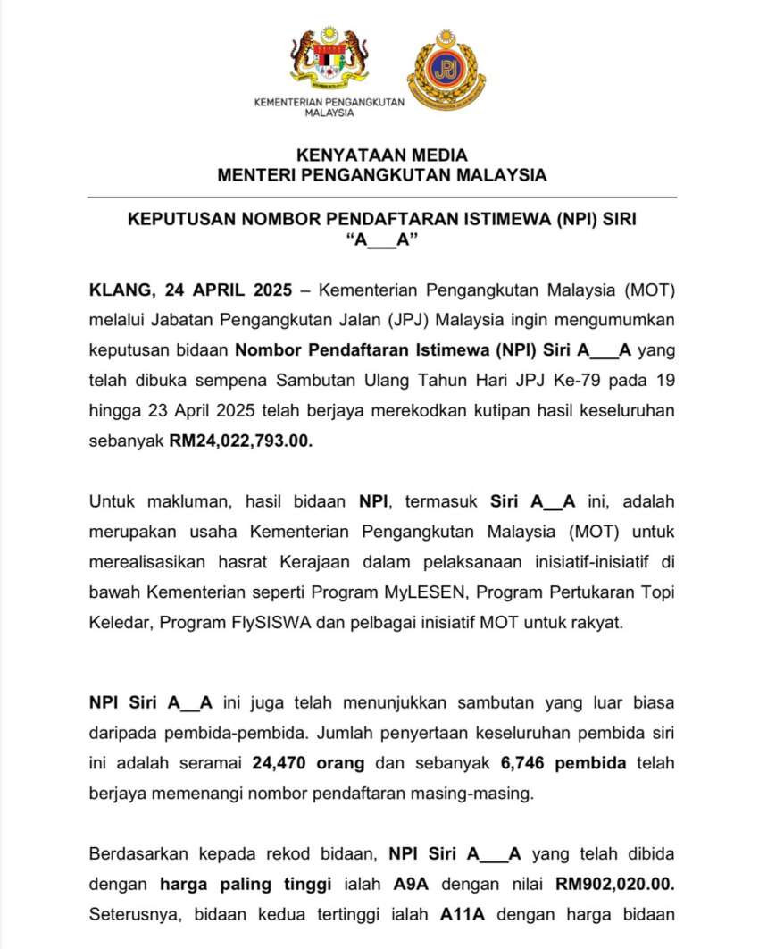 A-A special number plates collect RM24 million – A9A RM902k, A11A RM703k, A8A RM700k, A7A RM502k 1906129