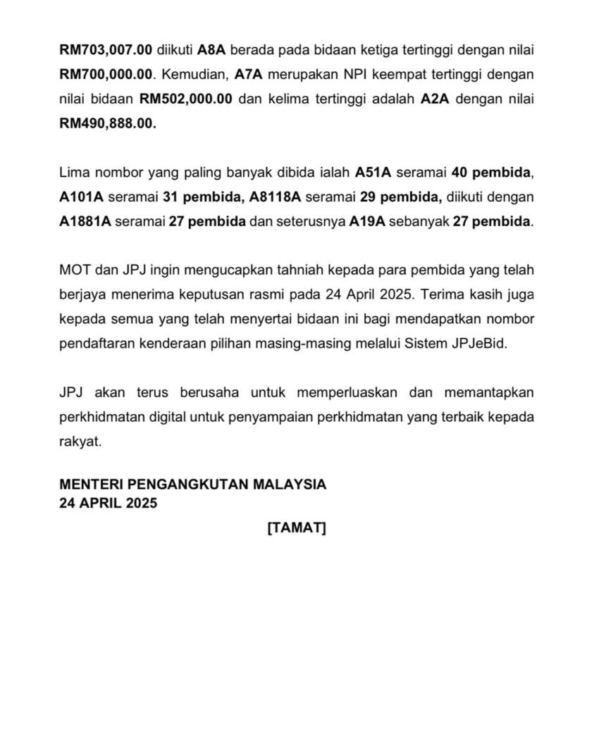 A-A special number plates collect RM24 million – A9A RM902k, A11A RM703k, A8A RM700k, A7A RM502k 1906130