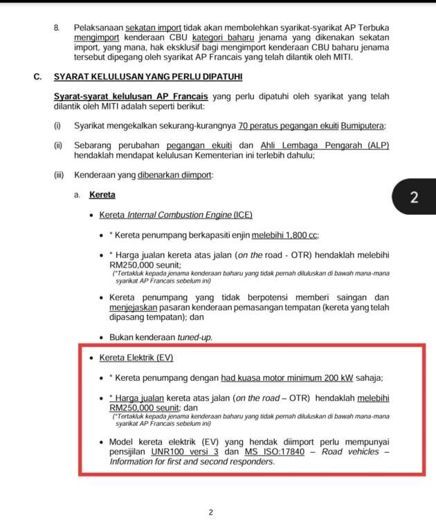 Min price for CBU EVs by new brands in Malaysia increased to RM250k, min power 272 PS from 2026