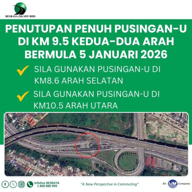 Besraya Sungai Besi Expressway KM9.5 U-turn closed in both directions for six months from today, January 5