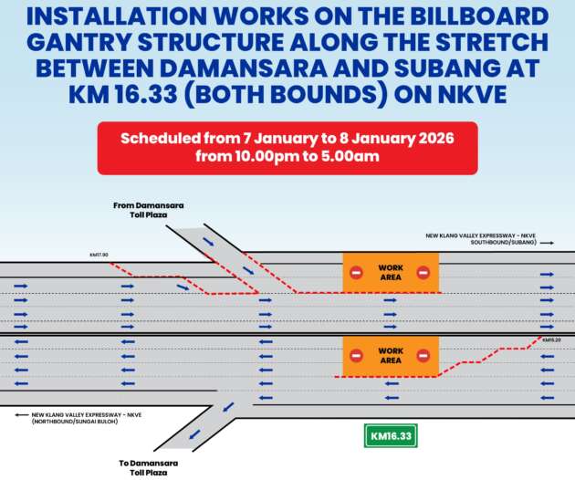 NKVE lane closures at KM16.33 Damansara-Subang, both directions for ad gantry work; Jan 7-8, 10pm-5am