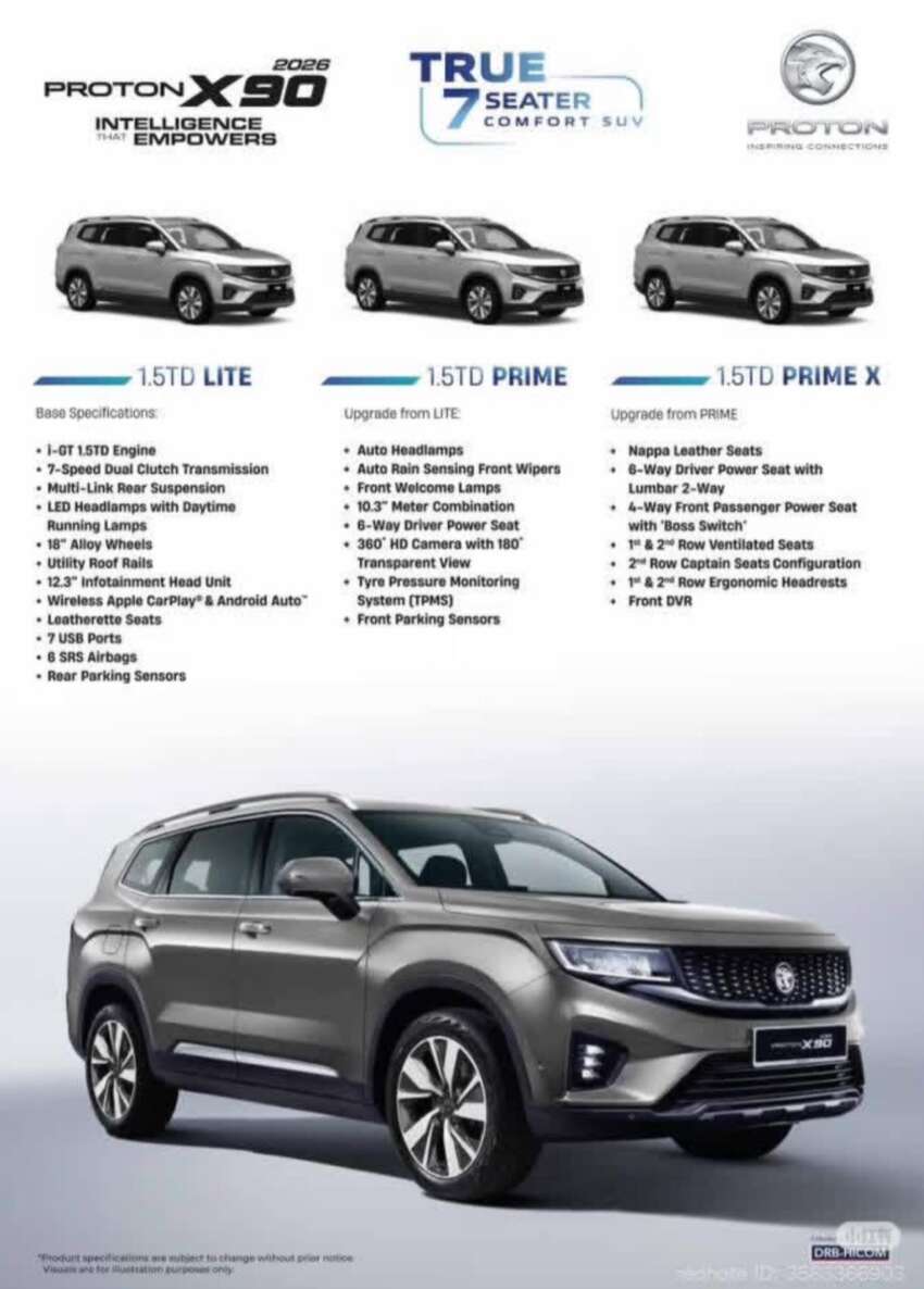 2026 Proton X90 MC brochure leaked – 181 PS/290 Nm 1.5L turbo i-GT 4-cyl from X50, X70, S70; three variants 2048532
