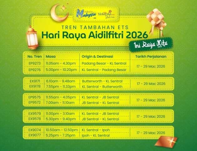 KTM adds 26 extra train trips for Hari Raya 2026 – 8,118 seats a day from March 17-29, ETS and EMUPlus