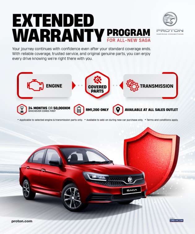2026 Proton Saga MC3 extended warranty – extra 2 years/50k km engine and gearbox coverage, RM1,200