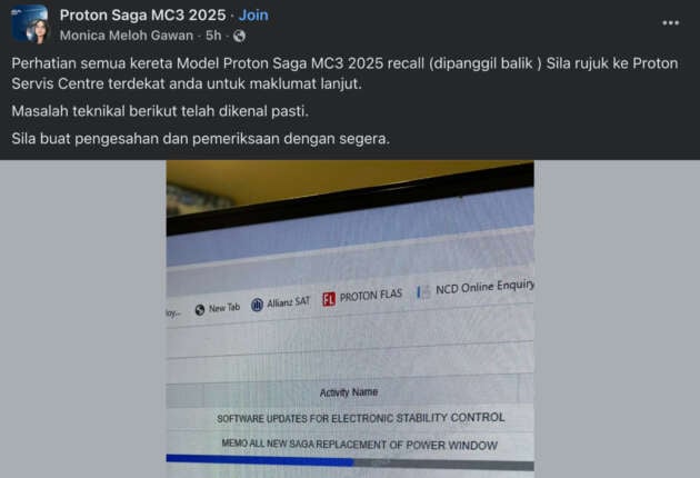 Proton Saga MC3 service campaign – MY2025 cars get new power window parts and updated ESC software