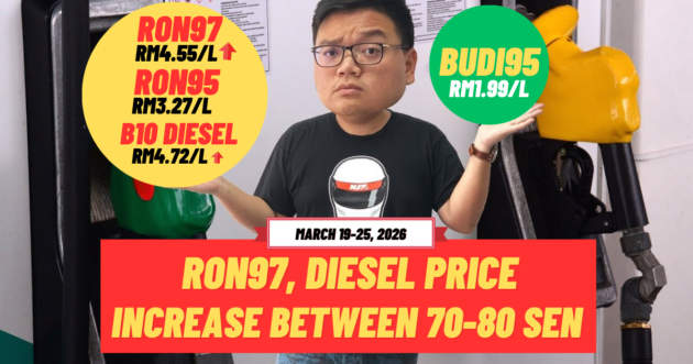 Malaysian fuel prices March 19-25, 2026 – RON97 up 70 sen to RM4.55 per litre; diesel up 80 sen, RM4.72/litre