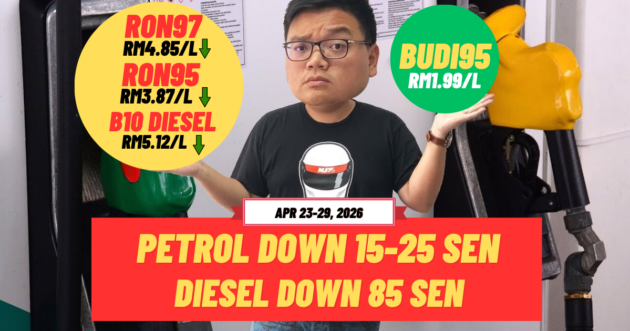 Malaysian fuel prices April 23-29, 2026 – all reduced; diesel to RM5.12, RON95 to RM3.87, RON97 to RM4.85